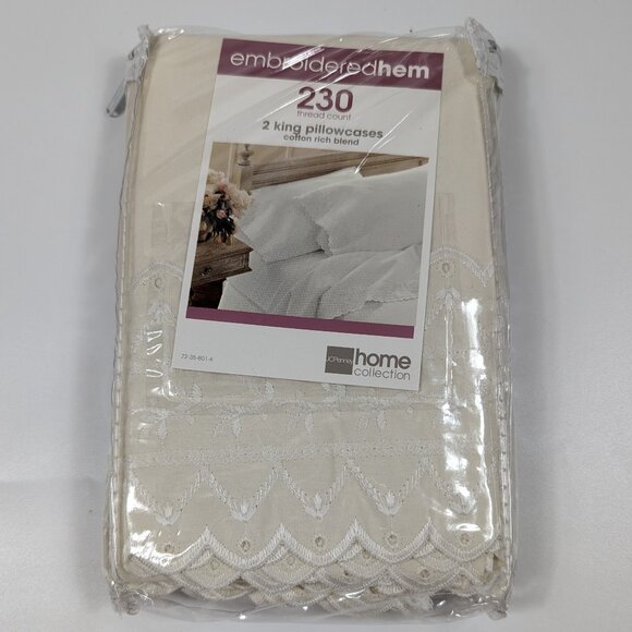JC Penny Felecity Embroidered Lace Trim King Pillowcases in Ivory - Set of 2 - Picture 1 of 9